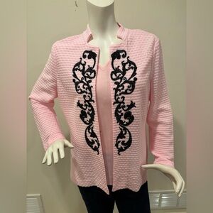 Ming Wang 2-Piece Pink Sweater Jacket Set with Black Embroidery & Sparkle, M/L